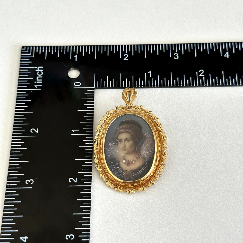 18K 750 Yellow Gold Antique Portrait Floral Scroll Framed Woman Pin Pendant - Picture 15 of 16